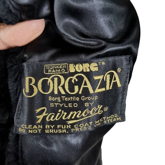 Vintage 1970s Double Breasted Black & Brown Faux Fur Coat | Borgazia by Fairmoor - Picture 10 of 13